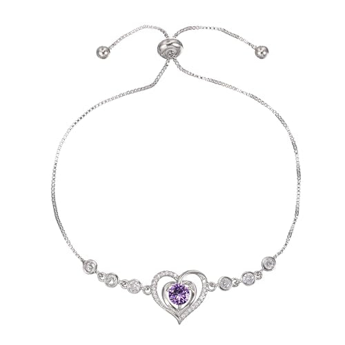 14K White Gold Plated Heart Bracelet for Women, Zircon Inlay Love Heart Charm Chain Bracelet Bangle with Adjustable Length - color: silver-purple