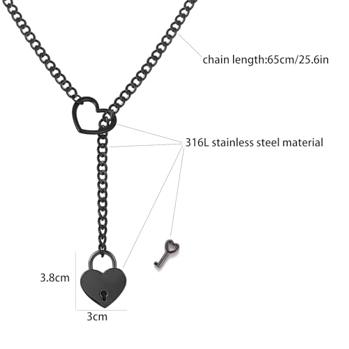 Heart O Ring Slip Chain Choker Necklace for Women Men Stainless Steel Cuban Chain Y-shape Necklaces Punk Rock Collar Adjustable Lariat Y Necklace Prom Necklaces Jewelry - color: Black lock