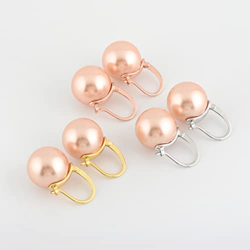 HUGE TOMATO 925 Sterling Silver Simulated Shell Pearl Earrings for Women Trendy, Big Pearl Drop Earrings Leverback Stud,18K Gold Plated Large Pearl Hoop Dangle Hypoallergenic Jewelry 14mm - color: Pink Champagne