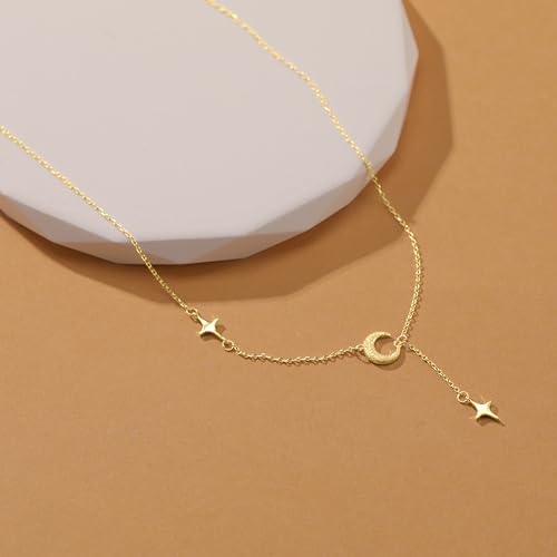Dainty Crescent Moon Star Necklace for Women 925 Sterling Silver Y Shape Drop Lariat Necklace Trendy Pendant Choker Necklace Jewelry Birthday Ramadan Mothers Day Jewelry Gifts - color: Gold