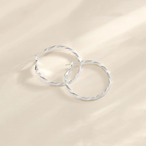 14K Gold/Silver Plated Twisted Hoop Earrings for Women - Sparkly Diamond-Cut Large Hoops with 925 Sterling Silver Post, Lightweight Hypoallergenic Trendy Jewelry Gifts (30mm / 40mm) - size: Silver 40mm