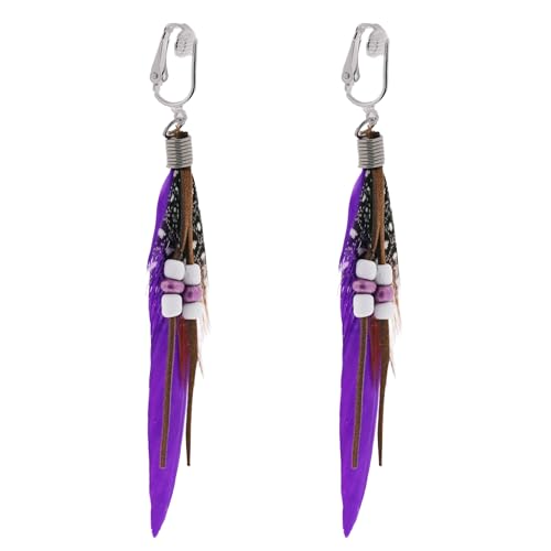 Aloha Earrings-Clip On Real Feather Earrings-Dangle Clip On Earrings Tassel Long Clip Earrings Bohemian - color: Purple Feathers