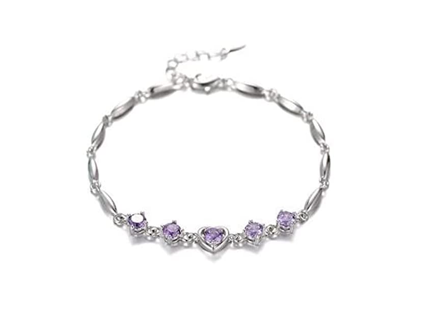 Nilu's Collection Women's Copper Sterling Silver Heart Shape Stone Charm Bracelet - color: Purple & Silver