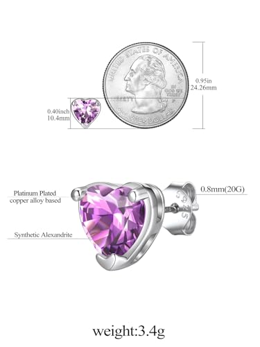 FindChic 2 Carat Birthstone Stud Earrings for Women, Round/Heart/Princess Cut Stud Earrings, Hypoallergenic Studs with 925 Sterling Silver Posts, 12 Months Birthday Jewelry Gift - color: 06. June-Alexandrite(Heart Cut)