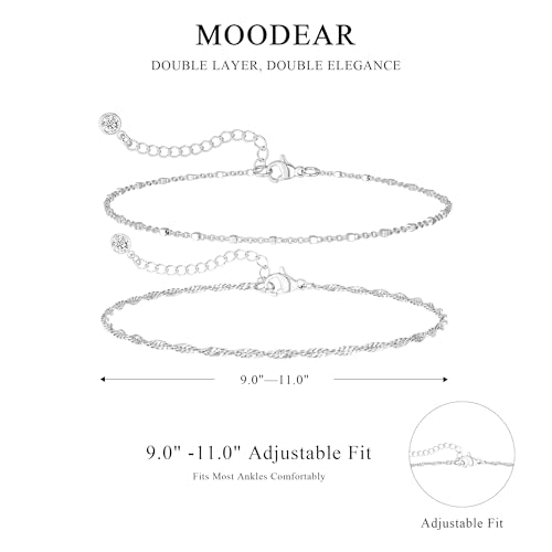 Moodear Ankle Bracelets for Women 14K Silver Plated Layered Chain Anklets | Waterproof Non Tarnish Adjustable Double Layer Anklet with Satellite Bead Chain Design for Summer Beach Jewelry Gift - color: silver-4