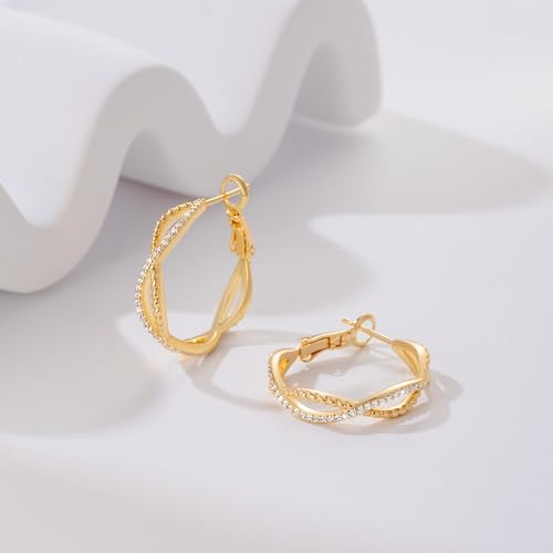 Gold Hoop Earrings for Women 14K Gold Earrings for Women | Twist CZ Gold Hoop Earrings 14K Gold Hoop Earrings Hypoallergenic Lightweight Gold Hoop Earrings for Women 20/25/30/40/50mm - size: 25MM