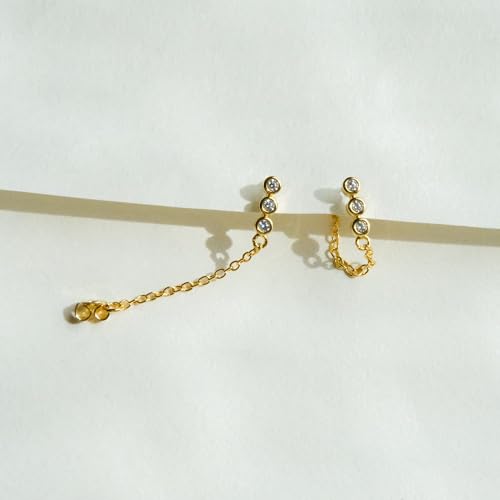 Round Huggie Ear Cuff Gold Earrings for Women | 18K Gold Plated Cubic Zirconia Sparkling | Clip On Cartilage| Simulated Diamond Bezel-Set CZ Huggie Hoop Earrings - color: Drop Chain - Yellow Gold