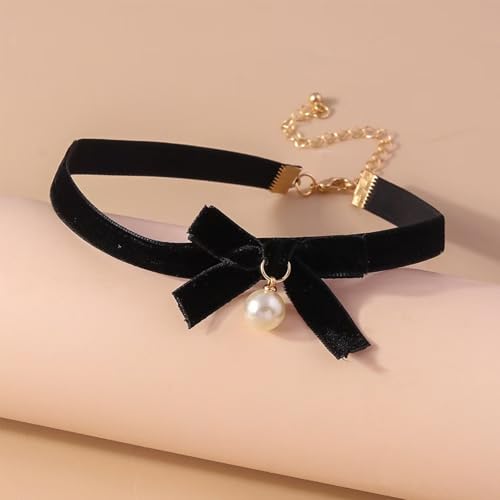 Bow Necklace for Women Red Bow Velvet Choker Necklace Black Ribbon Pearl Pendant Necklace Cute Bow Knot Necklace for Christmas Gifts - color: Bow Black