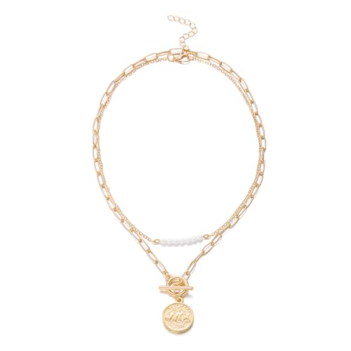 Gold Pirate Necklace for Women Layered Stack Charm Necklace Coin Pendant Necklaces Chunky Pirate Necklaces Pirates Costume Jewelry Accessories - color: gold2