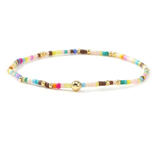 Colorful Stackable Rice Small Mini Seed Beaded Bracelets Set For Women, Handmade Dainty Boho Gold Glass Stretch Accessories Jewelry,Summer Beach Party Daily Friendship Gift - color: Gold175