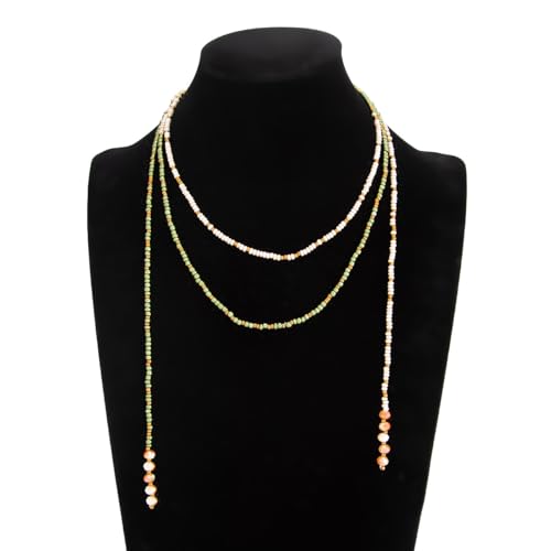GYRMMUE Colorful Seed Bead Lariat Necklace for Women Boho Y Drop Beaded Choker Adjustable Multi Strand Wrap Necklaces Dainty Long Tassel Rice Bead Necklaces Everyday Party Jewelry - color: Green