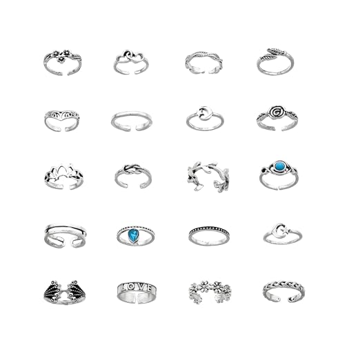 Bohemian Toe Rings for Women Vintage Turquoise Stackable Toe Ring Set Summer Hawaiian Beach Adjustable Toes Rings Ocean Foot Jewelry - style: 20PCS