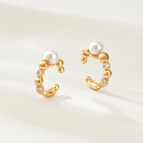 MEVECCO Ear Cuffs Non Piercing 18K Gold Plated Ear Cuff Earring Sets Clip on Cartilage Cubic Zirconia Pearl Minimalist Hypoallergenic Fake Hoop Earrings Stack Women Gifts - style: 2pcs-Pearl