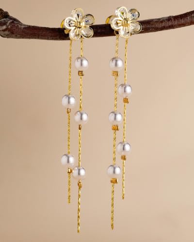 14K Gold Plated/Sterling Silver CZ Pearl Drop Dangle Earrings for Women - color: Gold-Flower Pearl