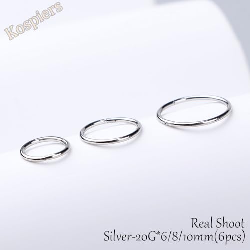 Nose Rings 20G 18G 16G 316L Surgical Steel Hinged Clicker Segment Nose Hoop Helix Cartilage Daith Tragus Sleeper Earrings Body Lip Piercing Jewelry for Women Men 6mm 7mm 8mm 10mm 12mm - style: 04:Silver-20G*6/8/10mm(6pcs)