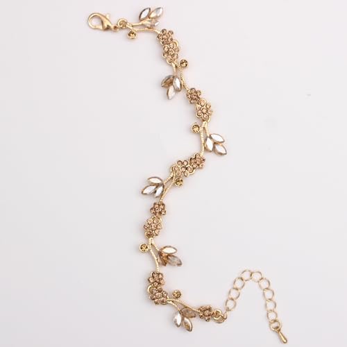 Brides Bridesmaid Flower Leaf Choker Necklace Dangle Earrings Link Bracelet Austrian Crystal Wedding Jewelry Set for Prom Costume Party Accessories for Woman - color: Champagne-Gold Plated