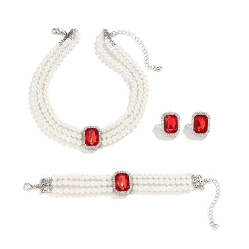 Wekicic Faux Pearl Necklace Earrings Set for Women Crystal Pearl Choker Necklace Bracelet Set 1920s Jewelry for Wedding Party - color: Red