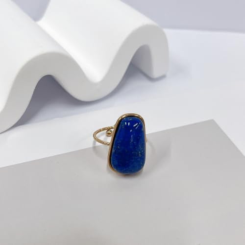 OIDIMS Gemstone Statement Ring for Women Gold-Tone Stainless Steel Natural Stone Rose Quartz Aventurine Turquoise Adjustable Open Band Stacking Finger Rings Boho Cocktail Wedding Party Jewelry - color: Lapis Lazuli