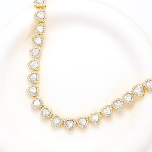 fasone Rhinestone Hearts Necklace, Iced Out Hearts Jewelry,Silver Tennis Necklace For Women,Tennis Necklaces For Women, Heart Tennis Necklace - color: Gold_15.7inch/7inch