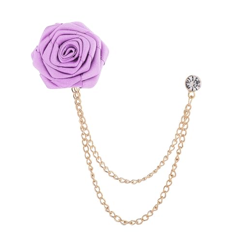 Bridegroom Wedding Brooch, Rose Flower Brooch Lapel Pin Badge Tassel Chain for Men Suit Accessories, Cloth Art Handmade Jewelry - color: Purple light