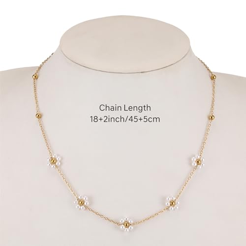 Dainty Pearl Necklace for Women Gold Plated Bridal Wedding Jewelry Trendy Cute Lariat Pearl Pendant Drop Charm Choker Stackable Necklace Gift for Women Mom Sister Daughter - color: G.Gold Daisy Pearl