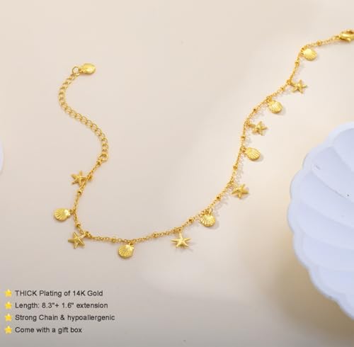 Ankle Bracelets for Women 14K Gold Sterling Silver Plated Anklets for Women Waterproof Dainty Anklets with Cubic Zirconia,Clover, Forever Love Knot, Chains Trendy Everyday Anklet Beach Summer Jewelry Gift - color: Shells-Gold