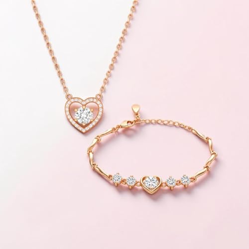 Nilu's Collection Women's Copper Sterling Silver Heart Shape Stone Charm Bracelet - color: Rose Gold Pendant + Bracelet