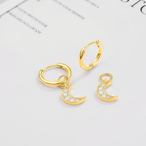DAILY VIBES Cute Butterfly Star Cross Heart CZ Dangle Earrings for Women | 925 Sterling Silver Post, 14K Gold or Silver Plated, Mini Cubic Zirconia Dainty Drop, Cartilage Small Huggie Hoop Earrings - color: Gold Moon CZ