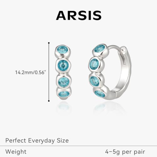 ARSIS Bubble Huggie Hoop Earrings for Women with Cubic Zirconia, Platinum/18K Gold Plated Bezel Hoop Earrings with Opal, Hypoallergenic Lightweight Jewelry, Clear/Ruby/Emerald Green/Aqua/Sapphire/Pink - color: Ocean Blue