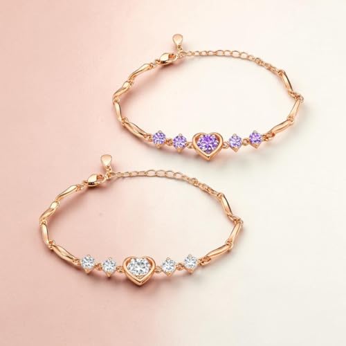 Nilu's Collection Women's Copper Sterling Silver Heart Shape Stone Charm Bracelet - color: Rose Gold Combo Bracelet