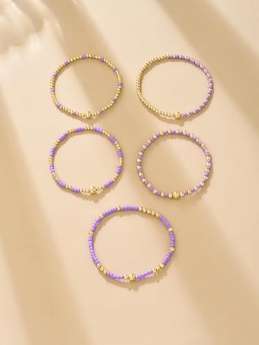 LOTSOF Bohemia Multilayer Beaded Bracelet Set, Turquoise Resin Colorful Surfer Heishi Style Elastic Spring Clasp Friendship Elastic Wristbands Summer Beach Boho Vacation Jewelry - color: Purple