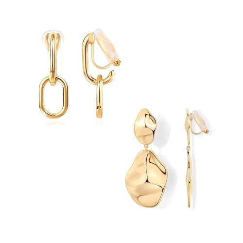 FAN&LOUIS 24K Gold Plated Clip On Earrings for Women, Gold Chain Link Drop Dangle Double Hoops Hypoallergenic Trendy Lightweight Clip-On Earrings for Non-Pierced Ears - style: 2 pairs A