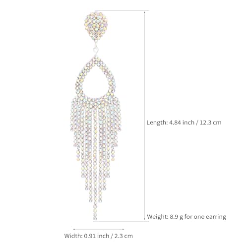 BaubleStar Rhinestone Teardrop with Long Tassel Earrings Sparkly Dangle Earrings for Women - color: Silver