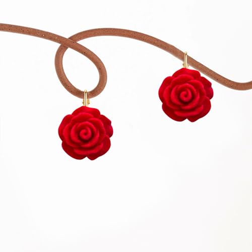 Handmade Bohemian Aesthetic Dainty Acrylic Flower Petal Leverback Earrings Sparkly 14K Gold Floral Dangle Drop Earrings for Women - color: Bright Red
