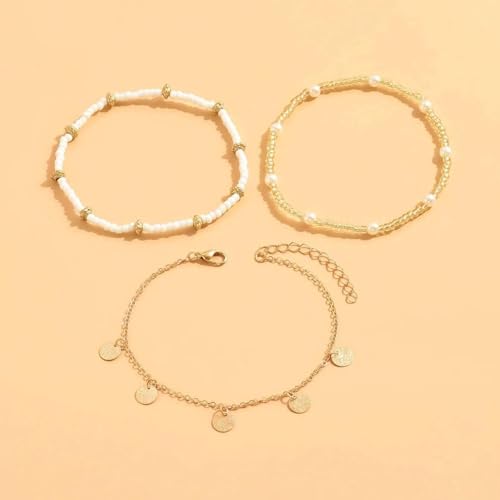 Qceasiy Shell Ankle Bracelets for Women, Boho Beaded Beach Anklet Set | Seashell, Heart, Starfish and Conch Styles, Gold-Tone, Stretch or Adjustable Fit, Layered Beach Vacation Jewelry Gifts - color: Gold 1