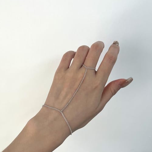 Kakikaki 925 Sterling Silver Finger Ring Bracelet Hand Chain for Women | Slave Bracelets 7" to 9" Adjustable - color: Silver, style: No Diamond
