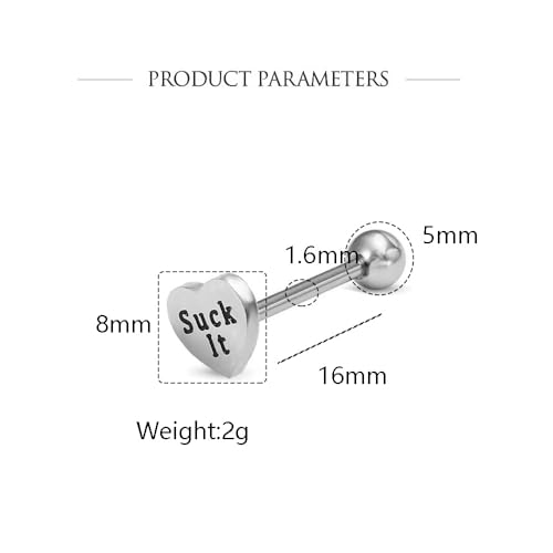 14G Heart Tongue Rings for Women Men Stainless Steel Letter Suck It Naughty Words Love Heart Straight Barbells Tongue Rings Piercing Jewelry