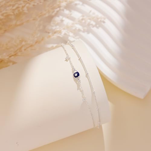 Gold/Sterling Silver Anklet Bracelets for Women Waterproof, Non Tarnish 925 Sterling Sliver Plated Heart Evileye Butterfly Charm, Dainty Summer Beach Anklets for Women, Beach Vacation Bikini Outfits for Her Mom - style: Evil eye-Silver