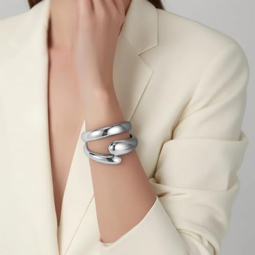 Emibele Cuff Bracelet Stack, 18K Gold-plated Open Bangle Bracelet, Teardrop Hinged Thick Wrist Chunky Bracelet Set for Women, Non Tarnish Jewelry Gift, 2 Pack - color: Silver