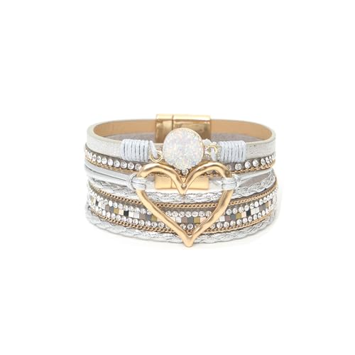 Fuqimanman2020 Heart Leather Wrap Bracelets Boho Stackable Cuff Bangles Resin Stone Rhinestone Bracelets with Clasp Christmas Jewelry Gift for Women - color: Grey Gold