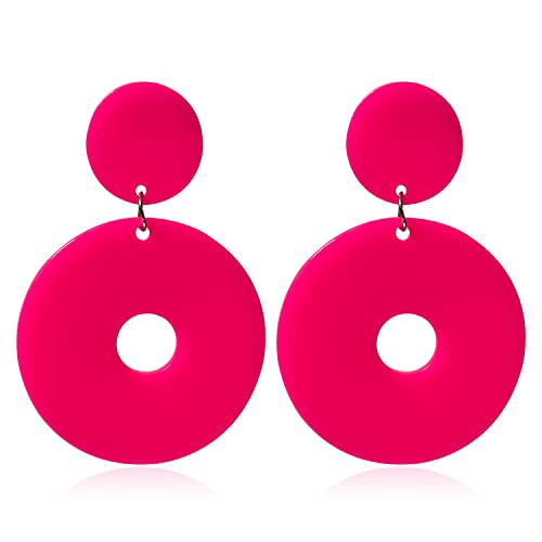 Retro Simple Acrylic Neon Earrings Hollow Round Dangle Drop Earrings for Women Girls Resin Geometric Statement Earrings 70s 80s Earrings Party Jewelry - color: rose red
