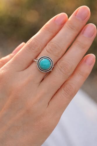 Isac Turquoise Cuff Bracelet and Ring Set, Silver-Tone, Boho Western Style, Arrow Engraved, Round Stone