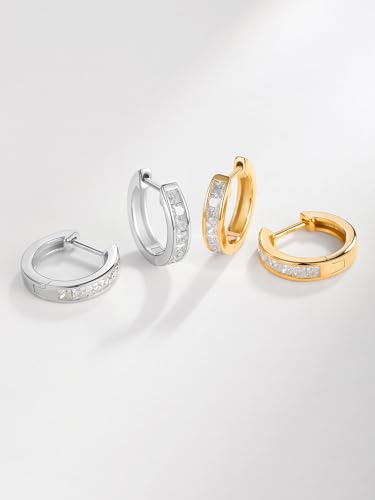Chunky Emerald Sapphire Ruby Hoop Earrings, Princess or Round Cut, 14k Yellow Gold Plated Sterling Silver Cubic Zirconia Huggie Earings Minimalist Hoops Earrings for Women Wedding Daily Birthday - style: Princess cut -5a CZ -Gold