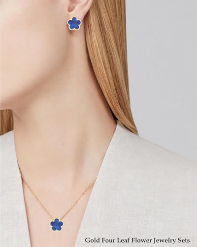 Clover Jewelry Set 3 PC - 18K Gold Plated Stainless Steel Y Necklace Four Leaf Pendant, Clover Link Bracelet Charm, Flower Earrings, Hypoallergenic Non-Tarnish,Simple Luxury Lucky Gifts for Women - color: Blue