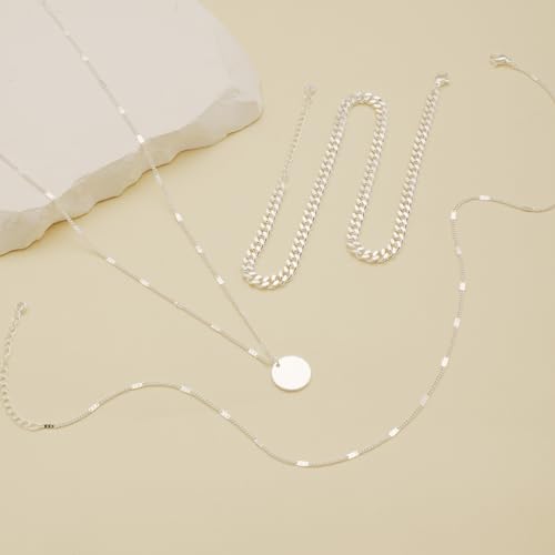 Cuzmly Layered Silver Necklaces for Women, Sterling Silver Stackable Stack Choker Necklaces for Women Trendy Layering Circle Pendant Chain Necklace Set Jewelry for Women - style: Coin