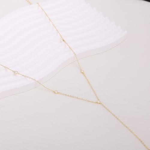 Lariat Necklace for Women, Dainty Long Necklaces, 14k Gold/Silver Plated Y-Shaped Drop Chain Necklace, Simple Layered Necklaces, Trendy Jewelry Gifts - style: Five CZ Y Necklace-Gold