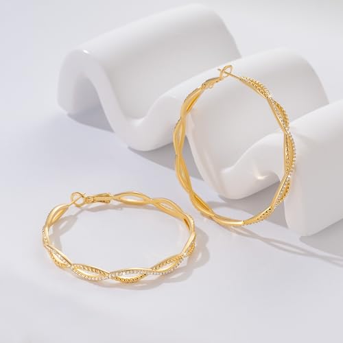 Gold Hoop Earrings for Women 14K Gold Earrings for Women | Twist CZ Gold Hoop Earrings 14K Gold Hoop Earrings Hypoallergenic Lightweight Gold Hoop Earrings for Women 20/25/30/40/50mm - size: 50MM