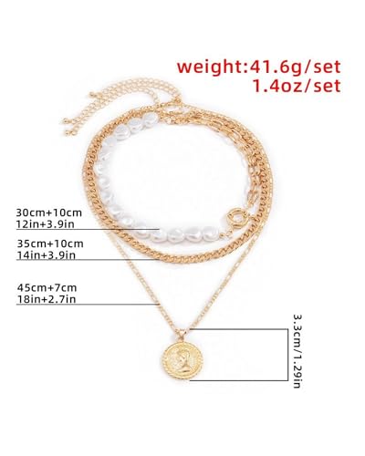 Gold Layered Necklaces for Women Chunky Layered Gold Necklaces Stacked Paperclip Chain Pearl Necklace Herringbone Toggle Clasp Choker Trendy Statement Jewelry Gifts - color: A2:gold layered necklace