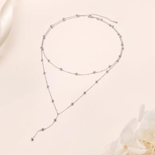 FLYOW Layered Necklace S925 Sterling Silver Y Shaped Jewelry - style: Beads Style
