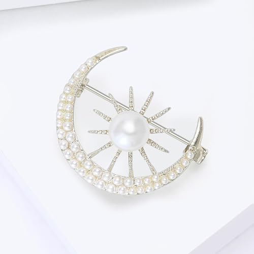 Pearl Sun Moon Brooch Lapel Pin Clothes Accessories Faux Pearl Crescent Moon Planet Gold Plated Pins Dress Suit Backpack Hat Corsage Brooches for Women Elegant Jewelry